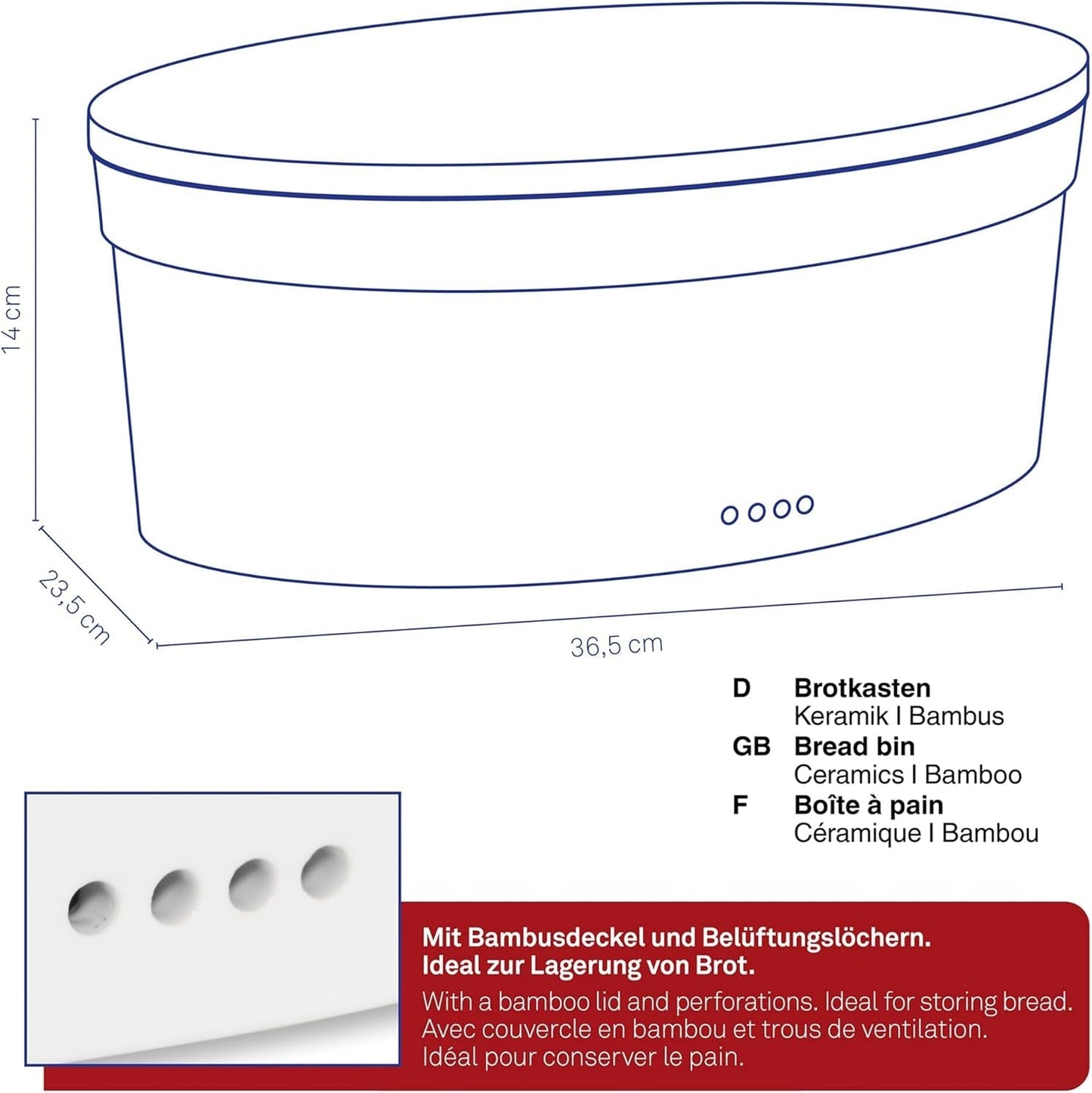 Kela brødkasse med ventilationshuller, keramisk brødkasse, SALENA, brødskål, hvid, 36,5 x 23,5 x 14 cm Madkasser Naty Shop