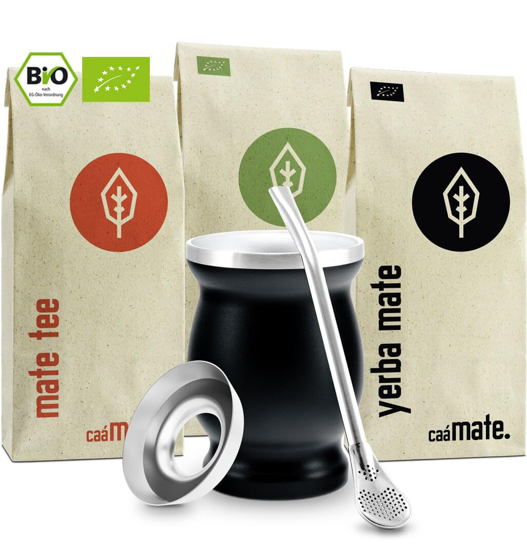 Mate Bio tesæt ● 3 sortimenter af Mate + Dobbeltvægget Mate-krus i rustfrit stål + Bombilla + Brygningsinstruktioner (sort)