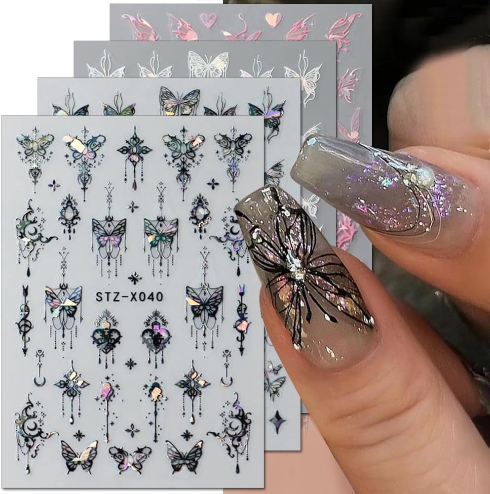 3D Metallic Schwarz Schmetterling Nagelsticker - Laser Pink Aurora Nagelaufkleber - Punk Butterfly Nail Art Stickers - Sølv Nail Sticker - Nageldesign Tilbehør