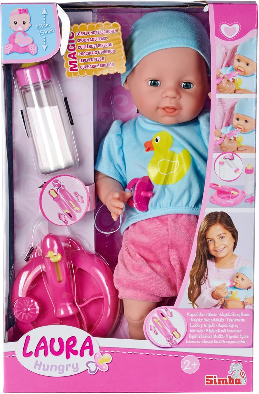 Simba 105010964 - Laura Hungry blød kropsdukke med mannequin, trylleske, forsvindende flaske og lille tallerken, 38cm, dukke fra 2 år Naty Shop Single Dolls