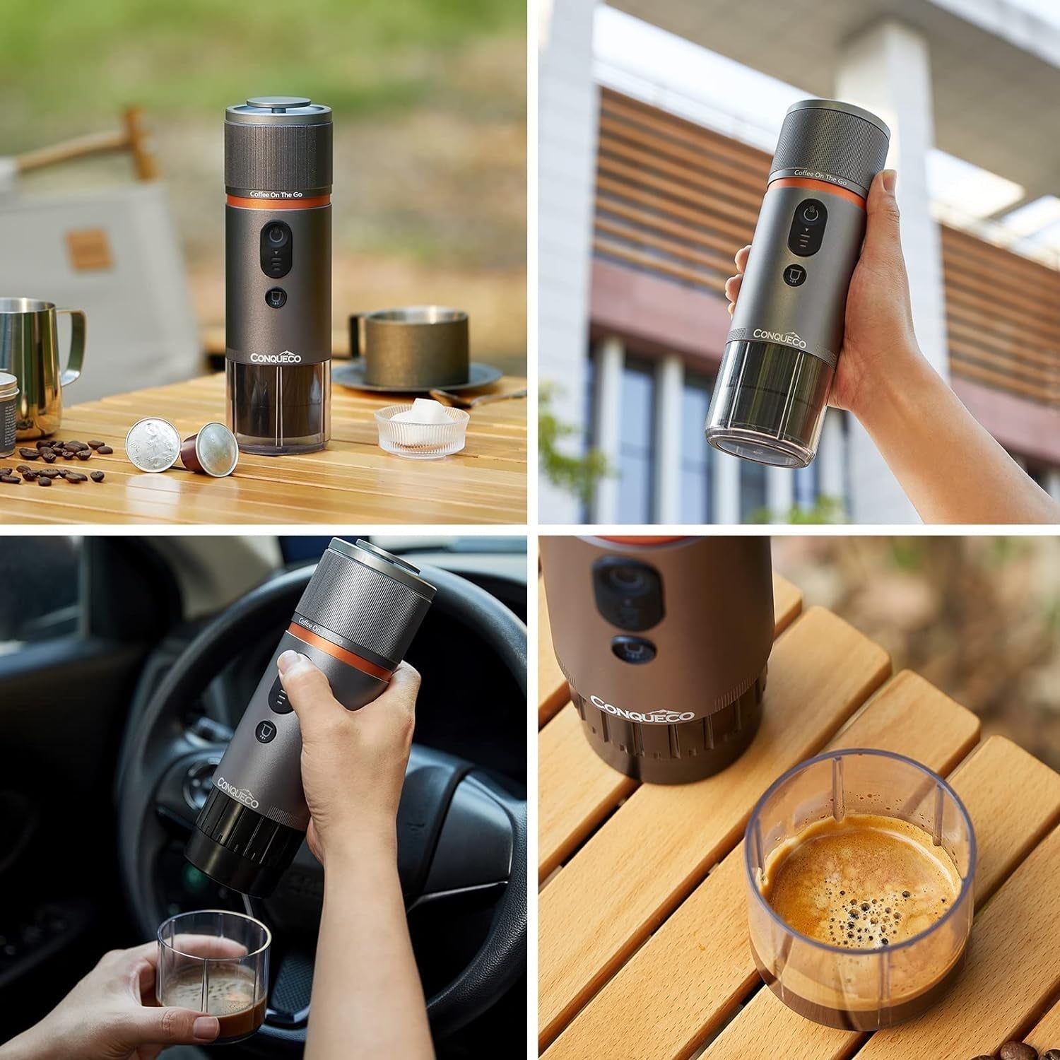 CONQUECO 12V bilespressomaskine: Bærbar espressomaskine med batteri til camping og rejse - Hurtig opvarmning på 2,5 minutter - 8 espressokopper på én opladning