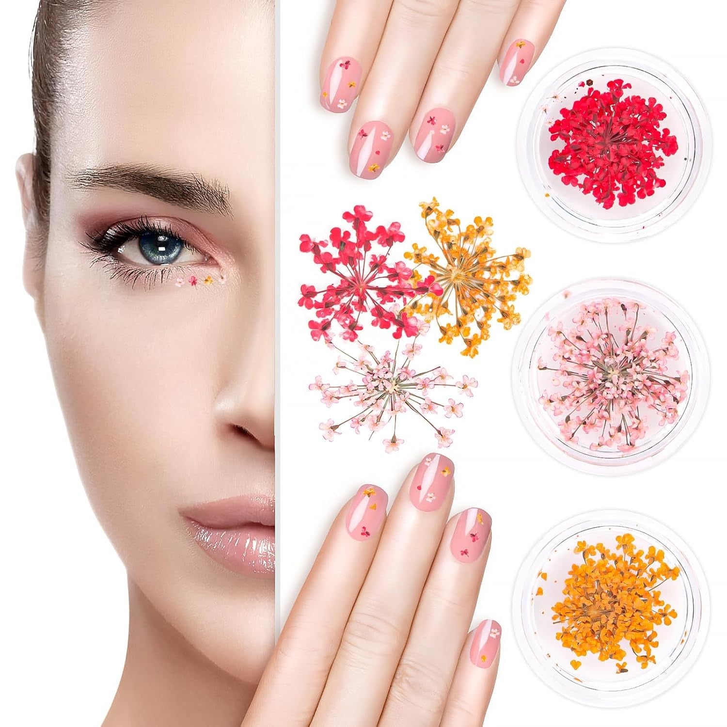 Nail Art Flowers Set Decoration - Gelnägel Zubehör 3 Farben(Orange,Blassrosa,Rose),Nail Art Aufkleber Trockene Blumen Kit Getrocknete Blumen Zubehör Sæt DIY Nageldekoration