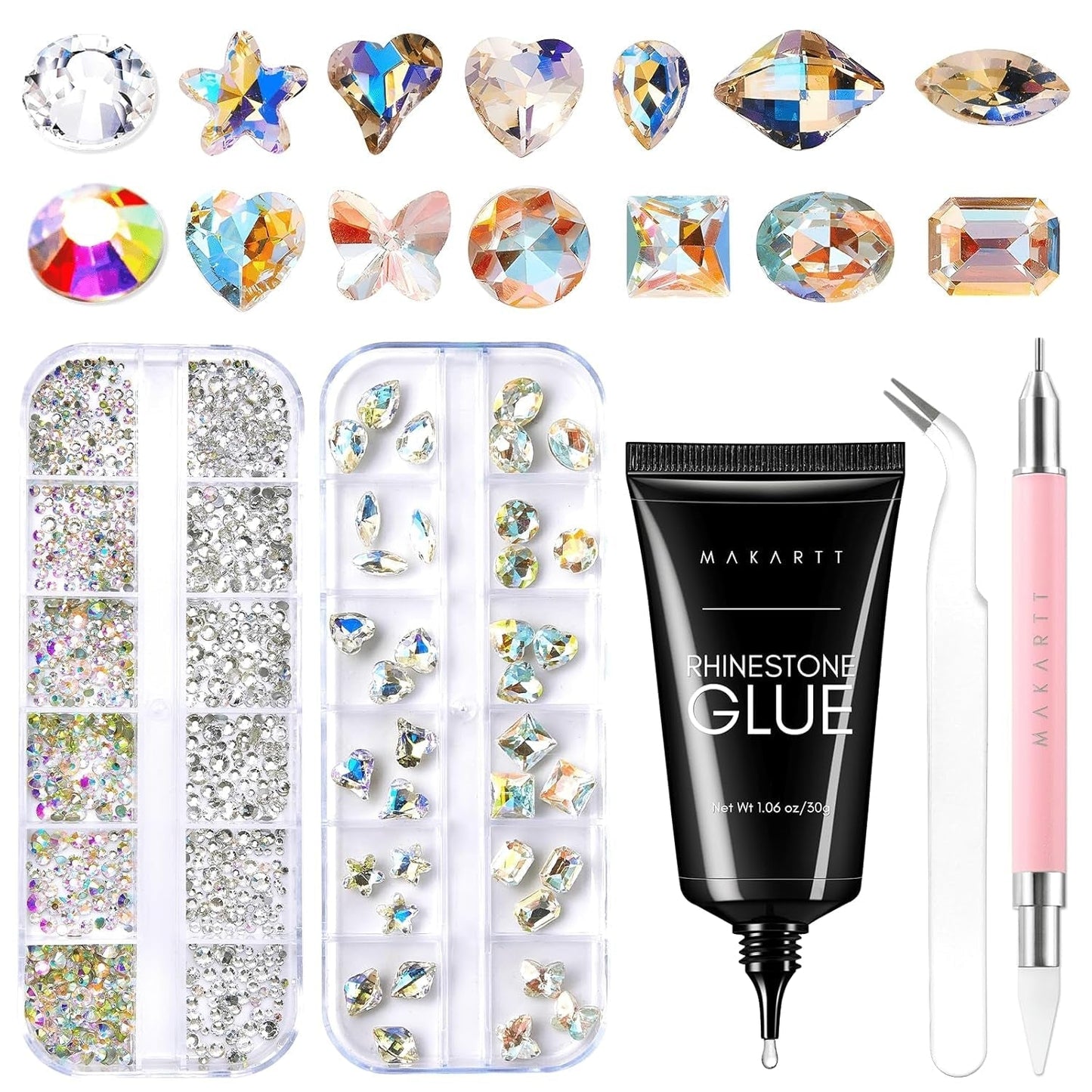 Makartt Rhinestone selvklæbende gel - 15 ml UV-neglelimsæt med lyserøde negle charms Hjertecirkel neglesmykker og negledesigntilbehør til hjemmemanicure Valentinsdagsgave