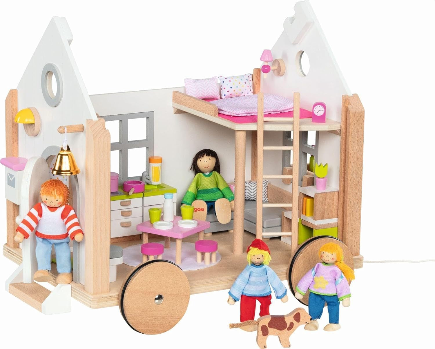 Goki 51477 - Lille Hygge træ- og tekstilhus til minidukker, bevægeligt dukkehus i skandinavisk stil, 38 cm x 27 cm x 33 cm, sæt med 40, 3+ dukkehuse Naty Shop
