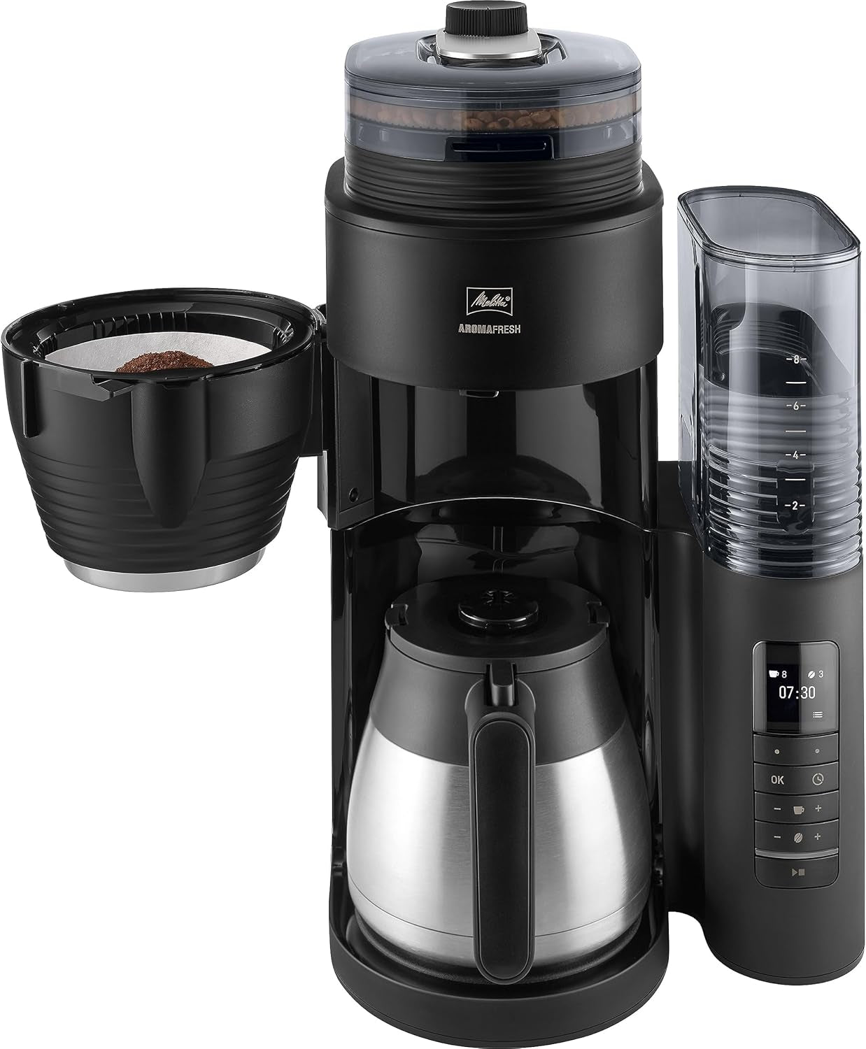 Melitta AromaFresh Therm Pro X - Espressomaskine med filter, integreret kværn, aftagelig vandtank, termokande i rustfrit stål og timerfunktion, til op til 8 kopper kaffe, sort/sølv