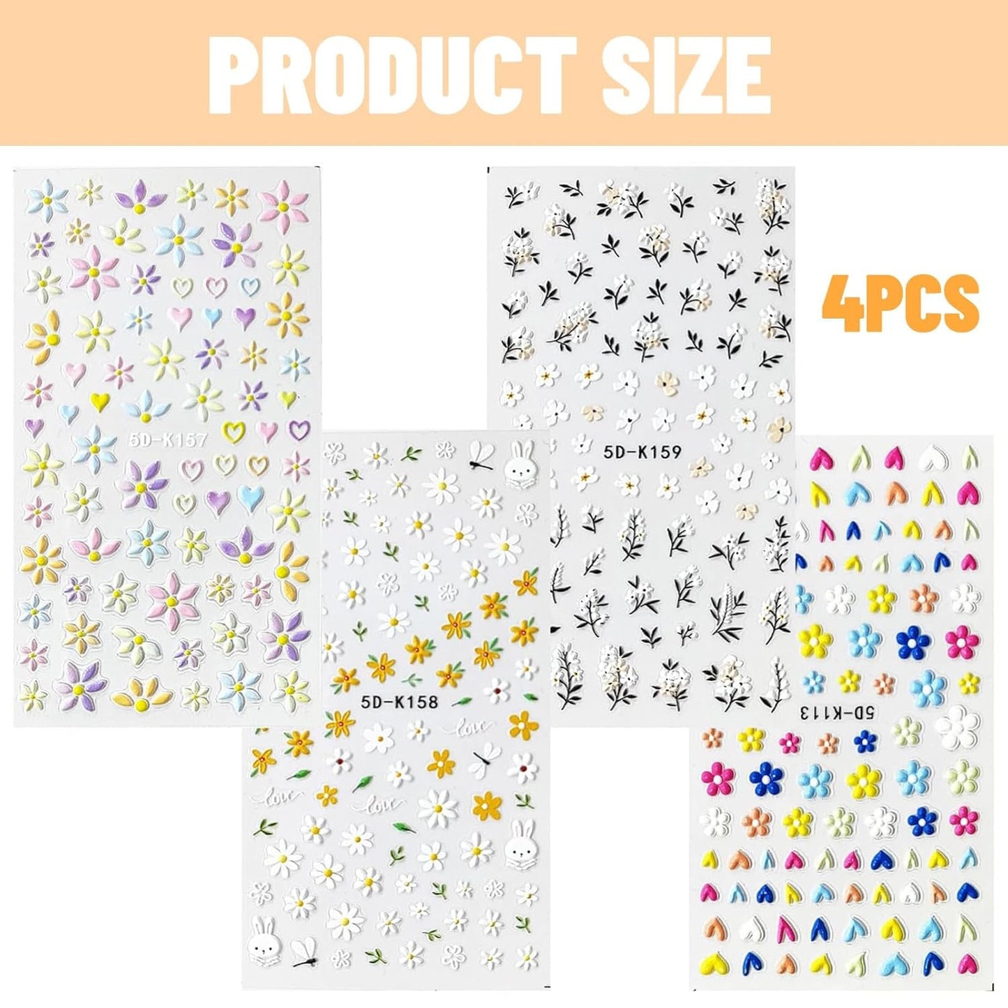 Nagelsticker Sæt Für Einzigartiges Nageldesign, 4 Blatt Frühlingsthemen Nail Art Tilbehør, Perfekt Für 3D Gel Nägel Og UV Gel Strips