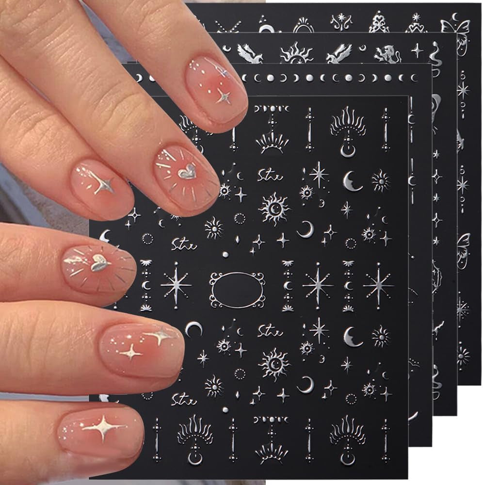 3D sølv metalliske neglestickers, neglestickers til kvinder, stjerne, måne, sol, neglefolie, selvklæbende stickers, sommerfugle negle stickers, negle stickers, negledesign tilbehør, 8 stk.