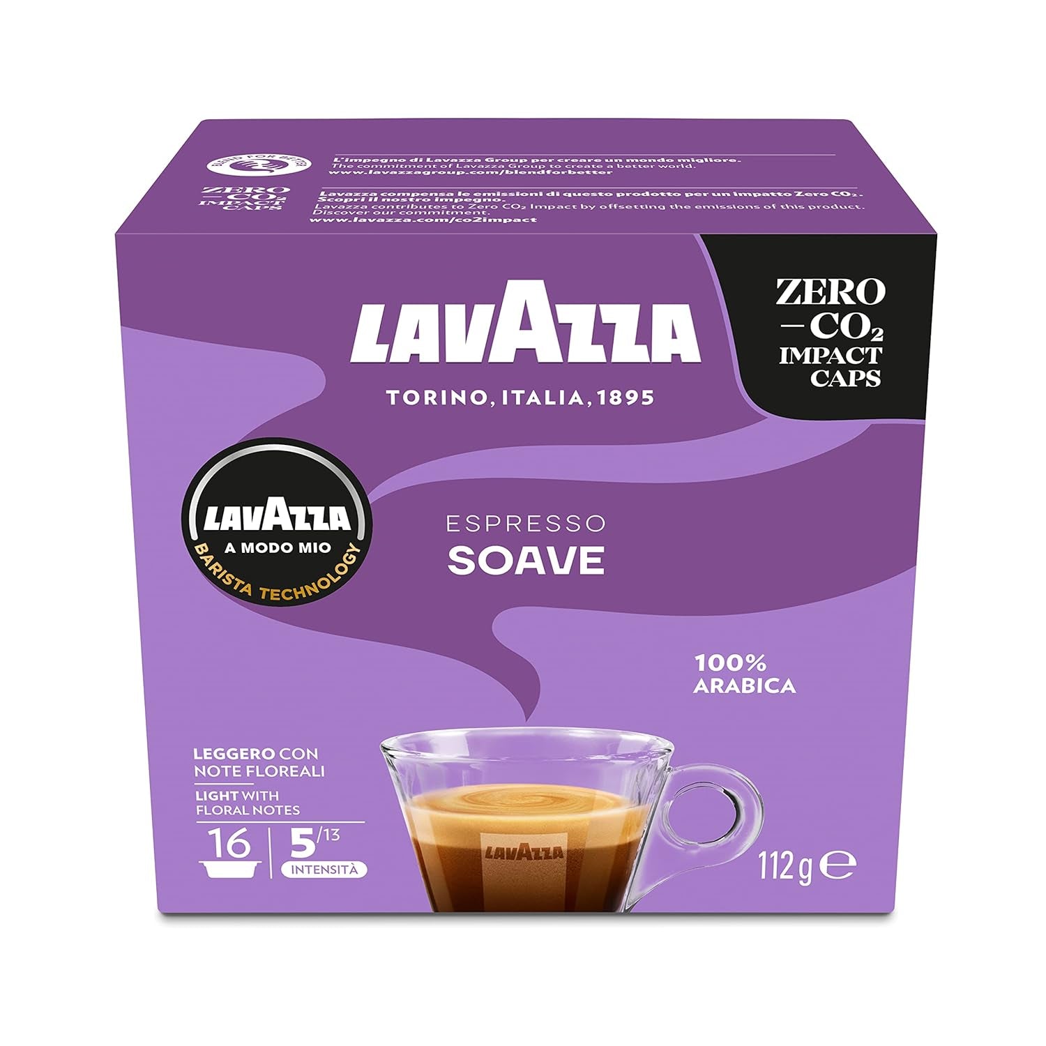 Lavazza, A Modo Mio Soave 256 Kaffeekapseln, für ene leichten og eleganten Espresso mit aromaticschen Noten von Blumen, 100% Arabica, Intensität 5/13, medium Röstung, 16 Packungen mit je 16