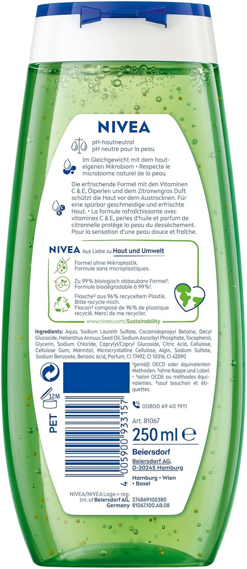 NIVEA Lemon Grass And Oil shower gel, 250 ml Naty Shop til brusebad og bad