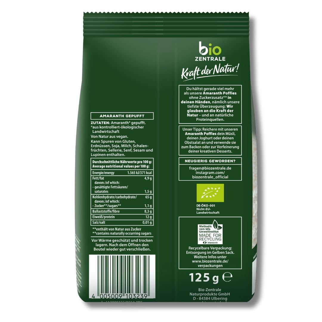 Biocentrale amarantpuster | 125 g | vegansk | små ekspanderede amarantkorn | proteinkilde | til müsli, yoghurt og farverige morgenmadsskåle