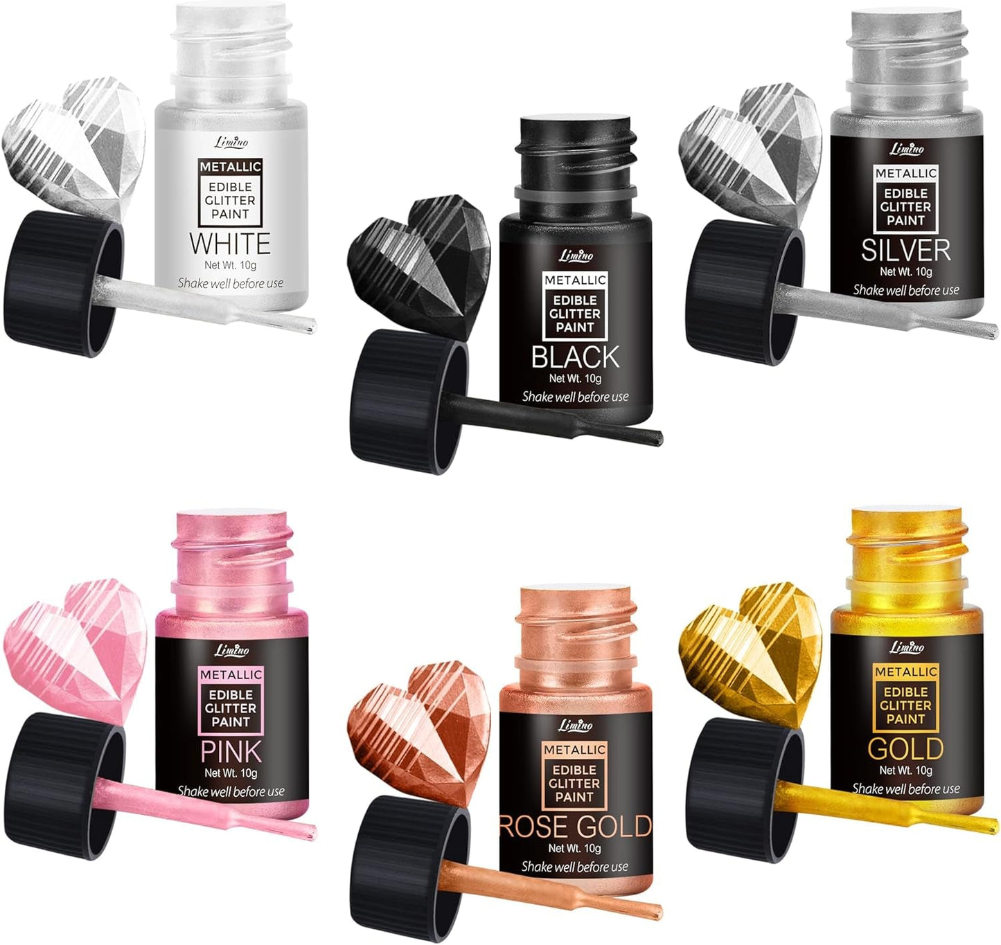 Flydende spiseligt glitter - 6 metalliske farver, flydende spiseligt glitterpulver til kagepynt, bagning, macarons - metallisk madfarve, glitterfarver til småkager, fondant, kager, muffins