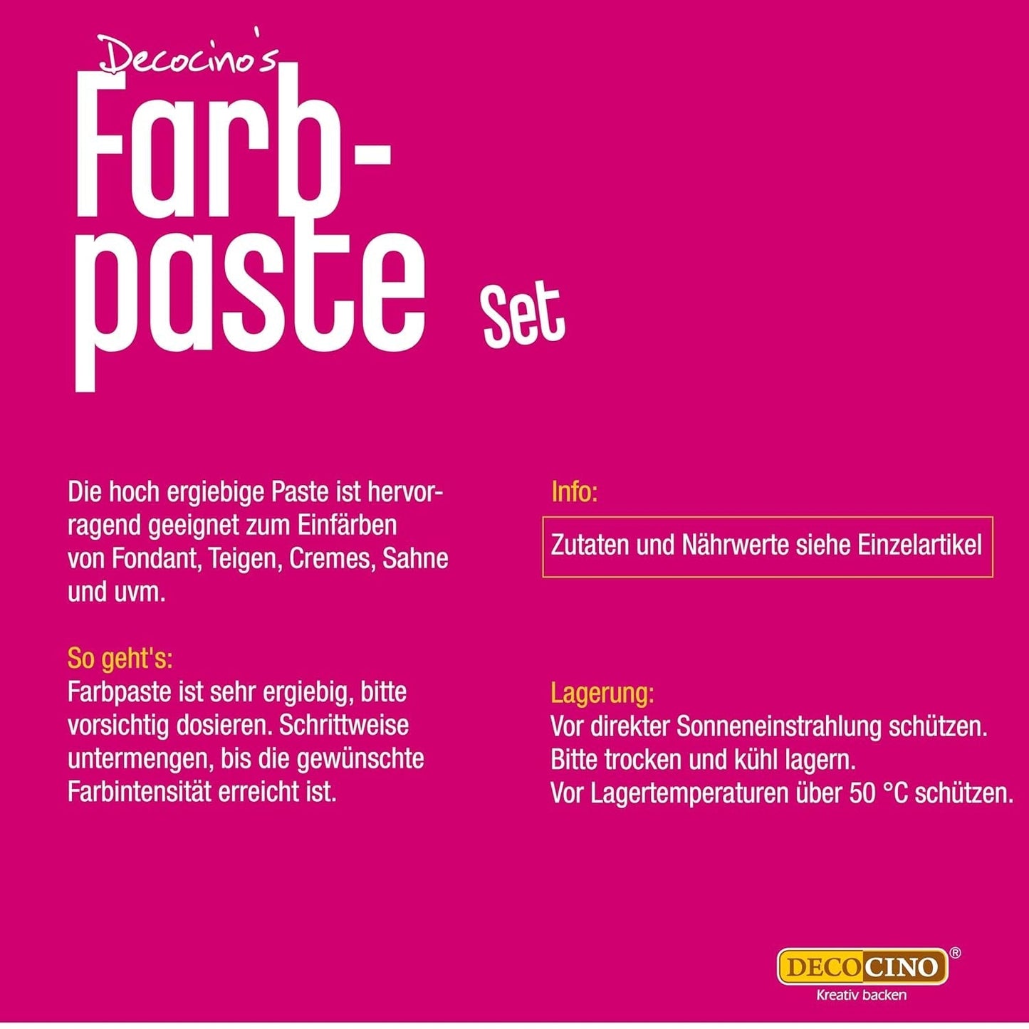Sæt med 6 Decocino farvepastaer - 6 x 20 g - Madfarve i rød, pink, grøn, gul, blå og sort, ideel til farvning af kager, fondant og cremer - Azofri og glutenfri