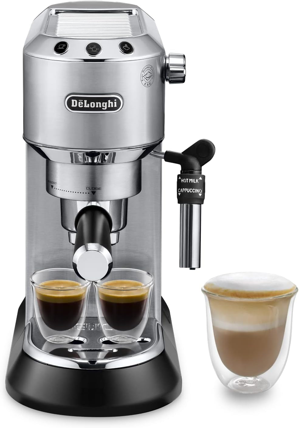 De'Longhi Dedica Style EC 685.B – Espressomaskine med portafilter, espressomaskine med professionel mælkeskummer, kun 15 cm bred, til malet kaffe eller ESE-kapsler, 1 l vandtank, sort