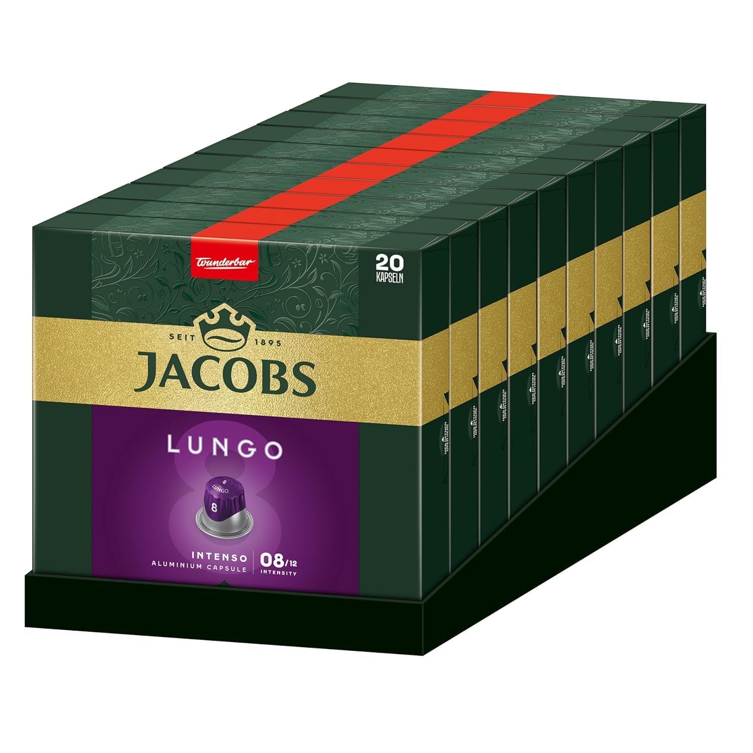 Jacobs Kaffeekapseln Lungo Intenso, Intensität 8/12, 10 x 20 Getränke, Nespresso* kompatibel Kaffee Kapseln, 200 Kapseln