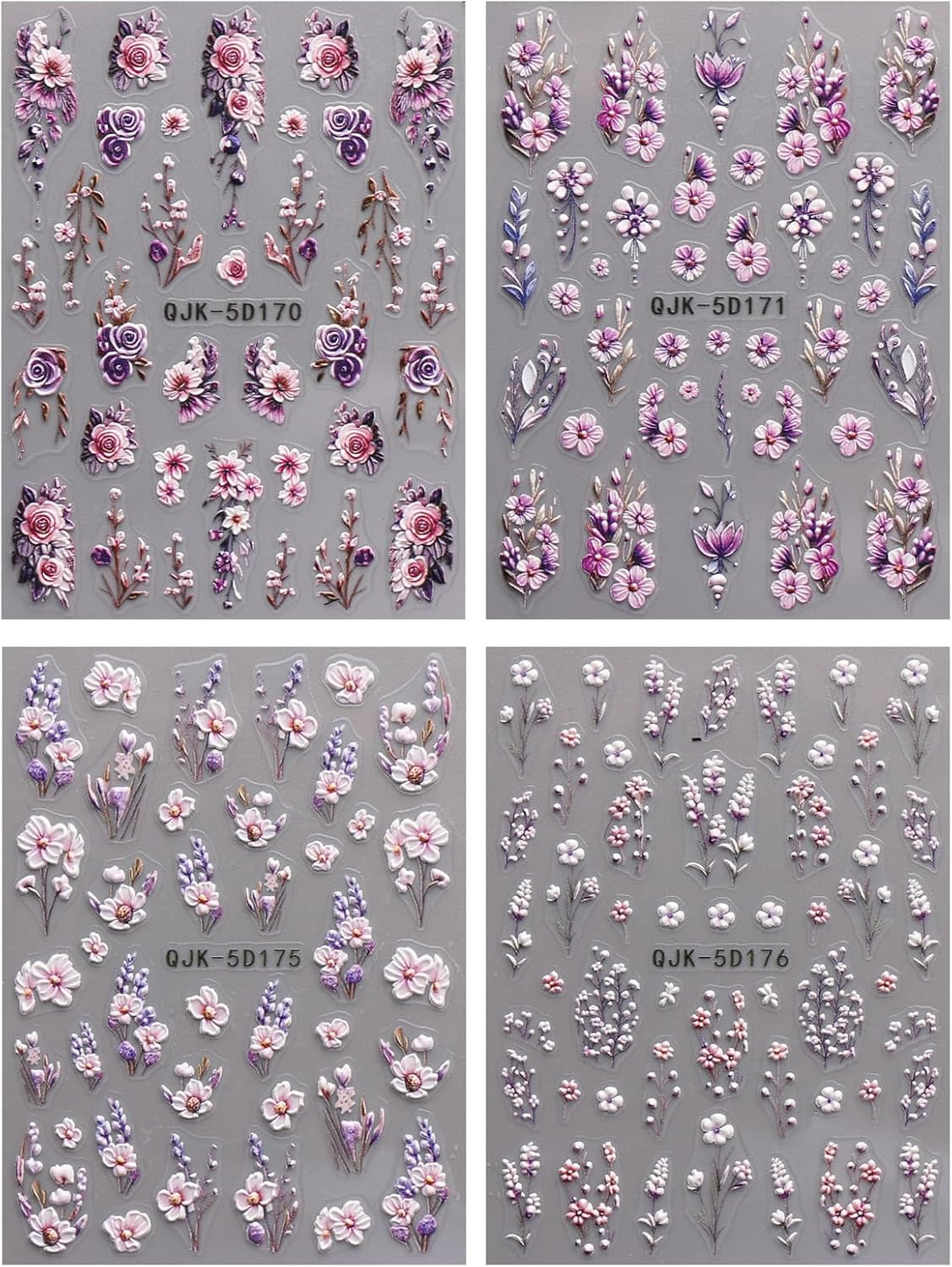 JMEOWIO 3D Nagelsticker Blumen Nail Art Sticker Selbstklebend Nagelaufkleber 5D Stereoskopisk Frühling Sommer Dekoration Nageldesign Zubehör 4 Blatt