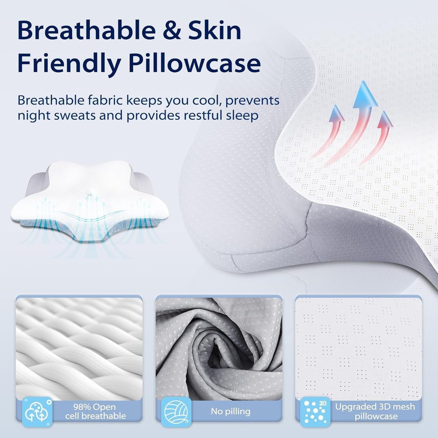 HOMCA Nakkepudepude, Memory Foam Ergonomisk pude 3D-kølepudebetræk til liggende, side- eller liggende stilling, 62 X 41 X 9,5/12,5 cm Cervikale ortopædiske puder Naty Shop