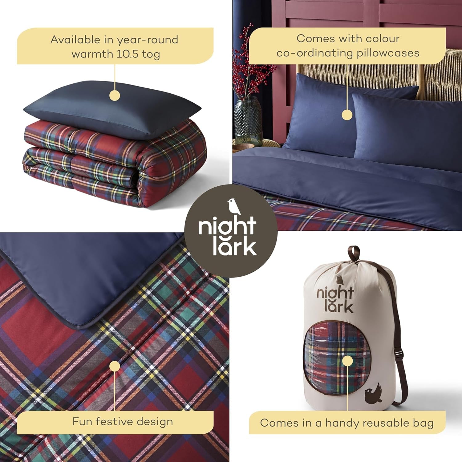Night Lark Dyne- og Pudebetræk Sæt, 10,5 tom, Enkelt, Klassisk Rød Tartan, Luksus sengetøj, Hypoallergenisk, Maskinvaskbare Dyner og Dyner Naty Shop
