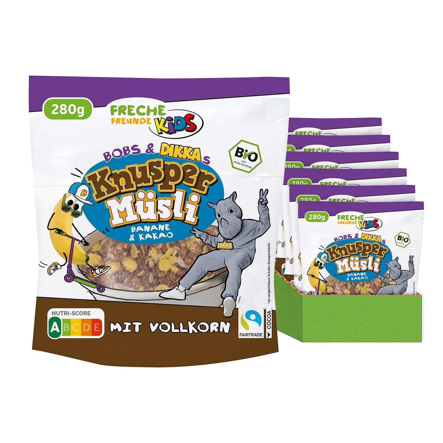 FRECHE FREUNDE KIDS, Bobs & DIKKAs Crunchy Banana Cacao Müsli, Crunchy Chokolade Müsli til børn, Lavt sukkerindhold, ingen tilsætningsstoffer, 100 % vegansk, 6 stykker (6 x 280 g)