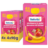 Frugt, hindbær, æble, banan og spelt pressbare poser - 16 stykker (pakke med 4, 4 x 90 g hver), uden tilsat sukker, lavet af blød frugt og sunde korn, ideel til take-away snacks og selvforbrug