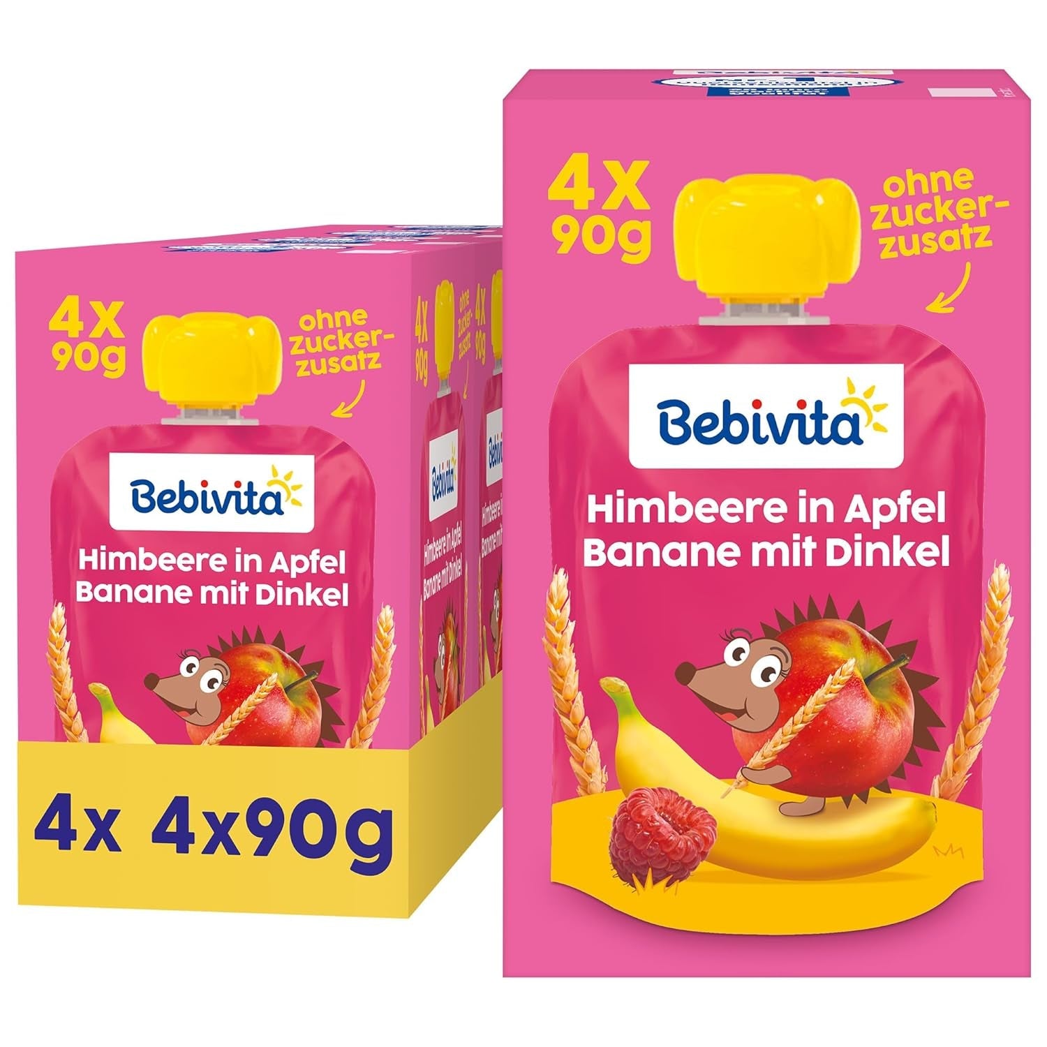 Frugt, hindbær, æble, banan og spelt pressbare poser - 16 stykker (pakke med 4, 4 x 90 g hver), uden tilsat sukker, lavet af blød frugt og sunde korn, ideel til take-away snacks og selvforbrug