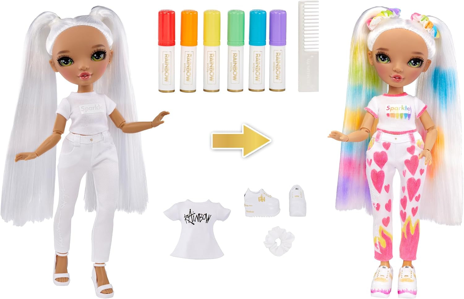 Rainbow High Color & Create DIY Modepuppe - Grüne Augen, Zopfe, extra Top & Schuhe, abwaschbare Regenbogenstifte - Ausmalen, Gestalten, Spielen, Auswaschen - for Kinder fra 4-12 Jahren og Sammler