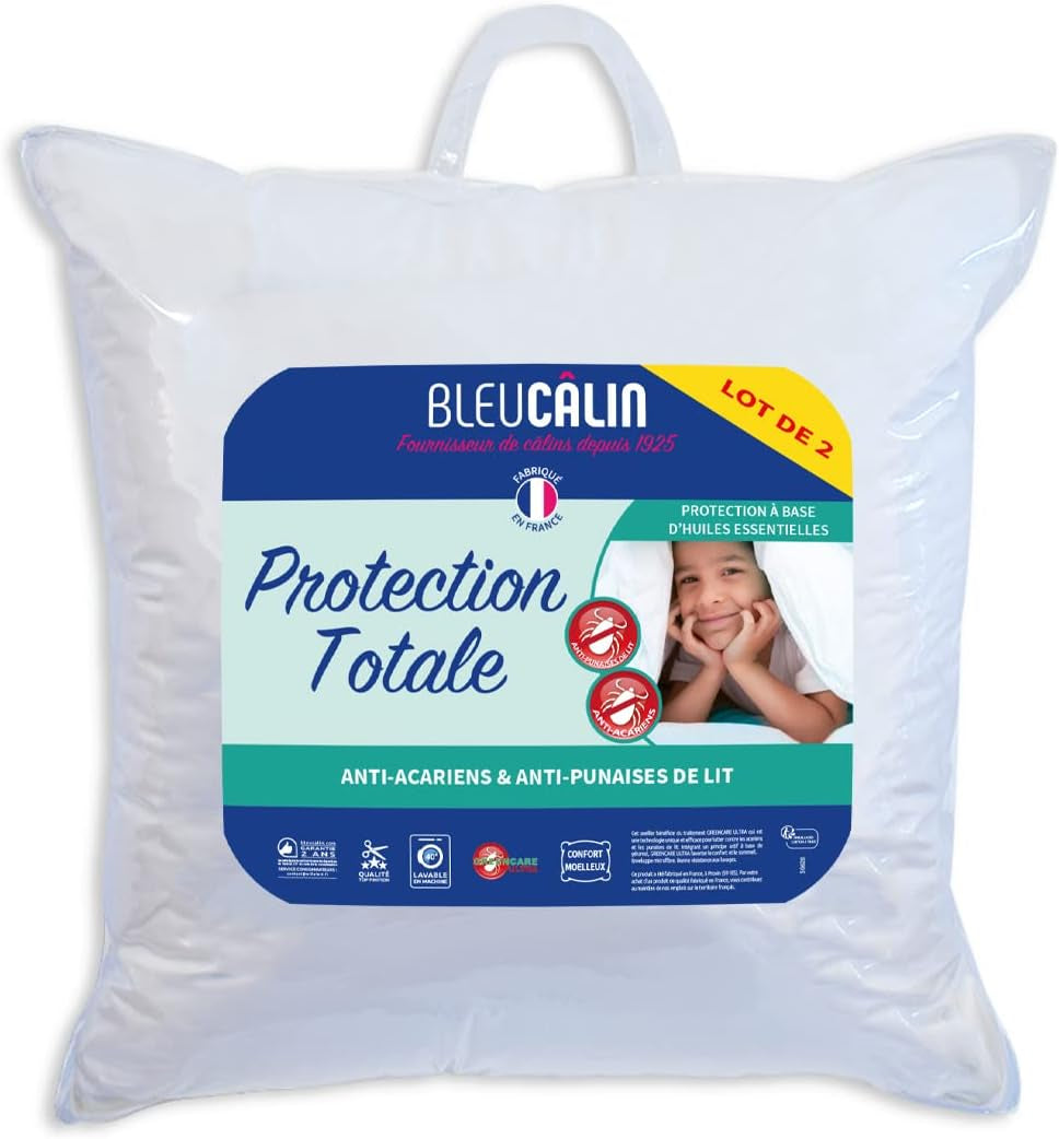 Bleu Câlin sæt med 2 anti-mide, anti-bug puder, blød komfort, 60 X 60 Cm, mikrofiberbetræk, fuld beskyttelse, hvide Naty Shop standard puder