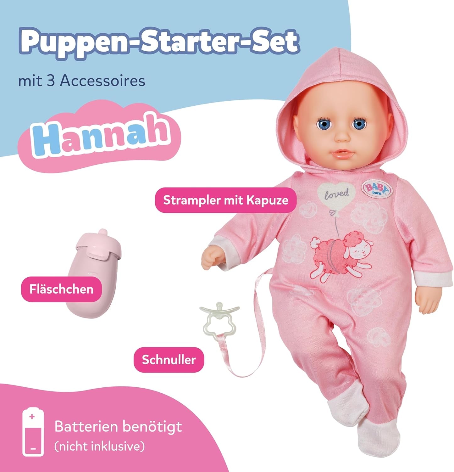 BABY Born Hannah Play with Me - Babydukke med 5 funktioner - Blødt materialekrop inklusive tilbehør - 36 cm dukke - Batteridrevet - Velegnet til børn fra 1 år