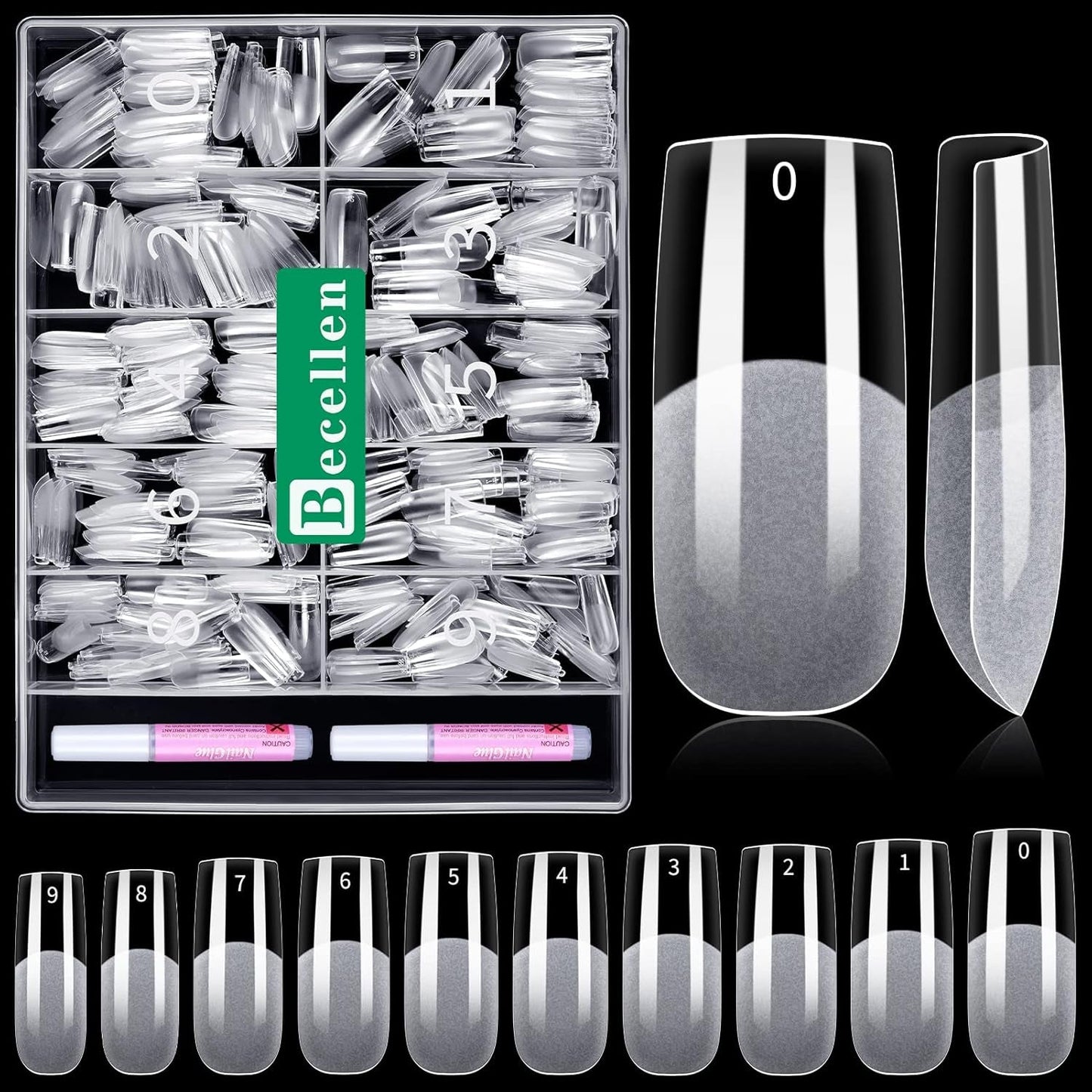 Becellen 500 stk. kunstige neglespidser, bløde gel-neglespidser, fuld dækning, gelneglespidser, forpolerede kunstige negle, DIY neglekunstlimsæt (mandler)