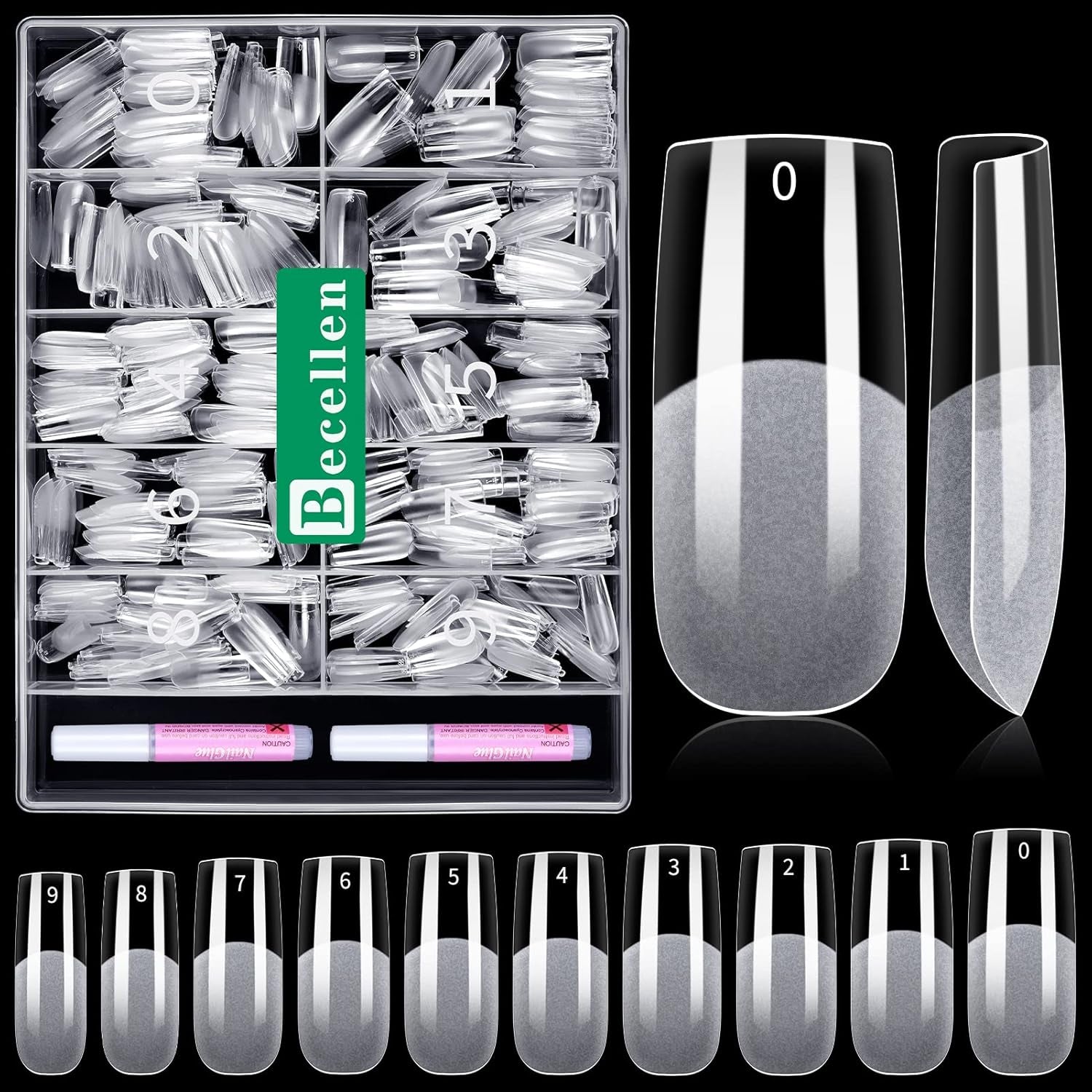 Becellen 500 stk. kunstige neglespidser, bløde gel-neglespidser, fuld dækning, gelneglespidser, forpolerede kunstige negle, DIY neglekunstlimsæt (mandler)