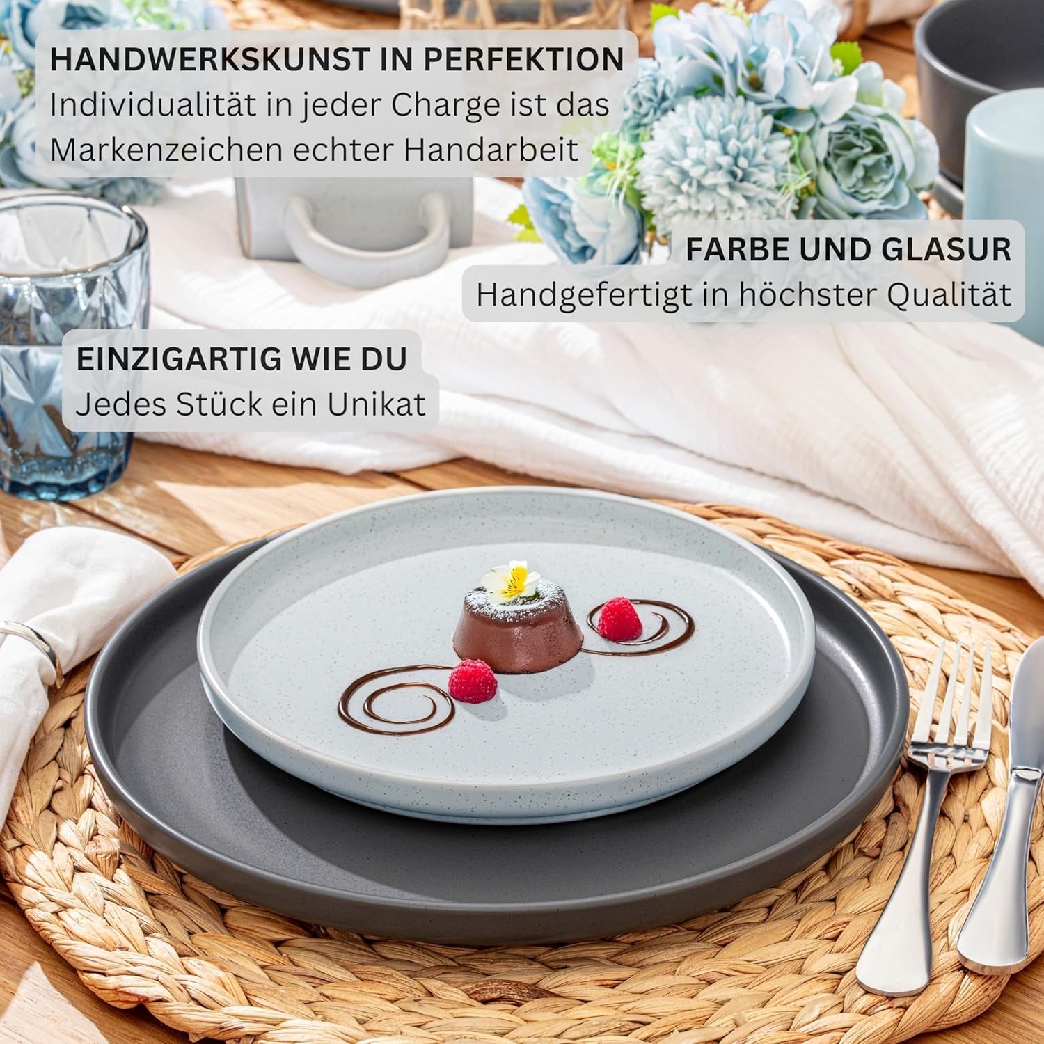 SÄNGER Leeds | 12-dele stentøjsstel 4-personers middagstallerkensæt (4 middagstallerkener, 4 desserttallerkener, 4 skåle), farverigt ridsefast service | VÆRDIINDSAMLING