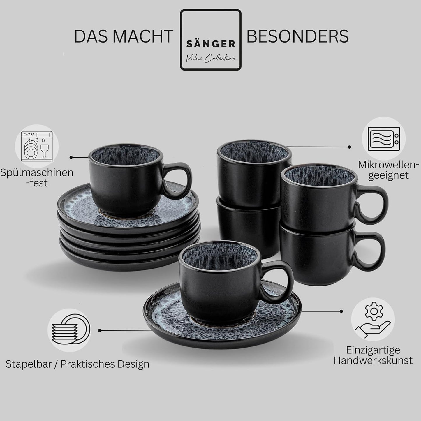 SANGER Sydney | Keramisk espressokopsæt med 12, mokkakopsæt til 6, kopper og underkopper, tåler opvaskemaskine og mikroovn, mørkegrå, 80 ml | VÆRDIINDSAMLING