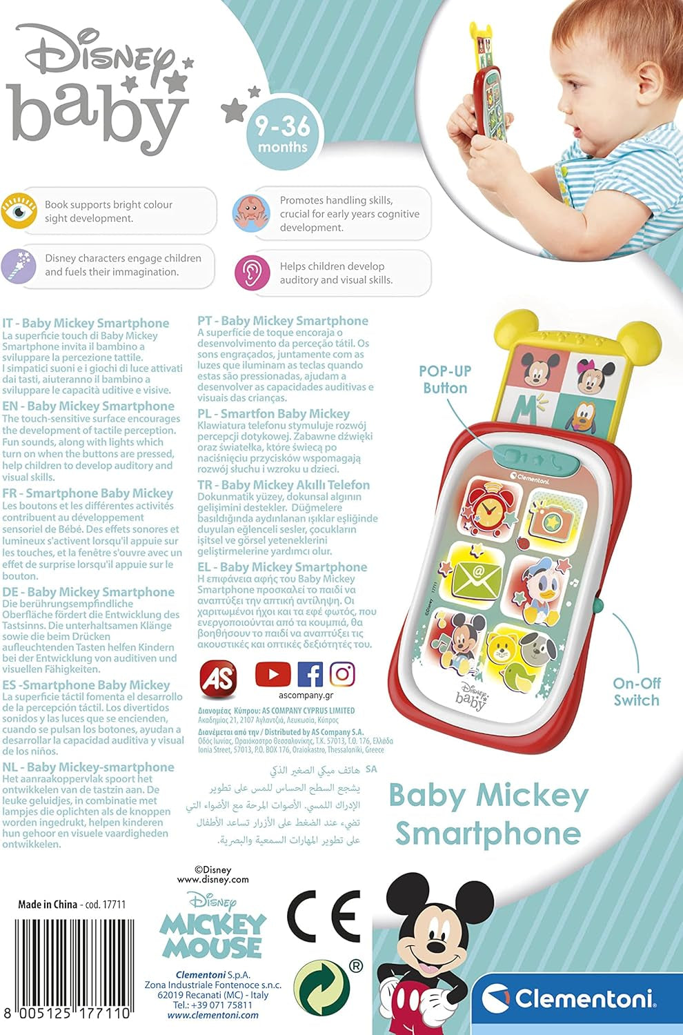 Clementoni 17711 Disney Baby Baby Mickey Smartphone, Børnemobiltelefon med lys og lydeffekter, Interaktivt legetøj til børn 9-36 måneder, M, Multicolor Bebe Toys Naty Shop