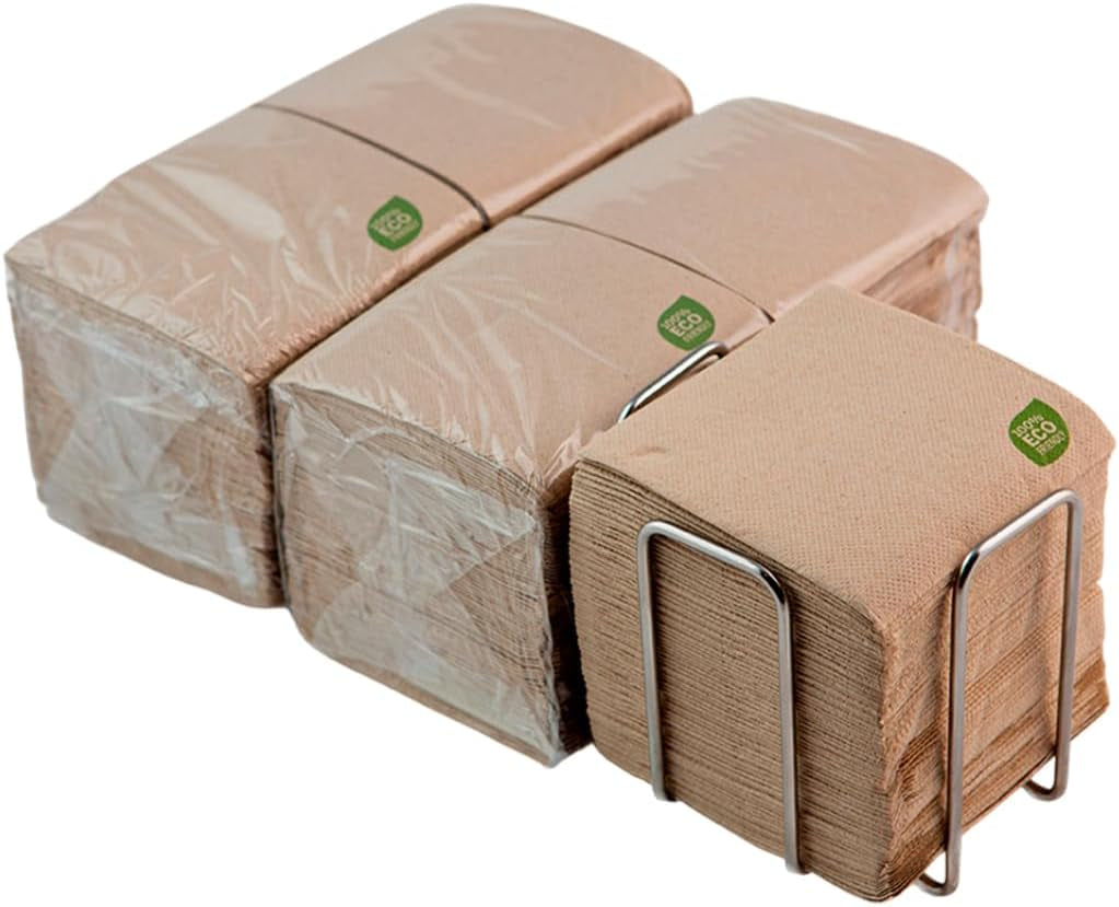 300 pakke Cocktailpapirservietter, 100 % genanvendelige og biologisk nedbrydelige, Servietholder i rustfrit stål, miljøvenlige servietter, 10 X 10 cm, foldet.