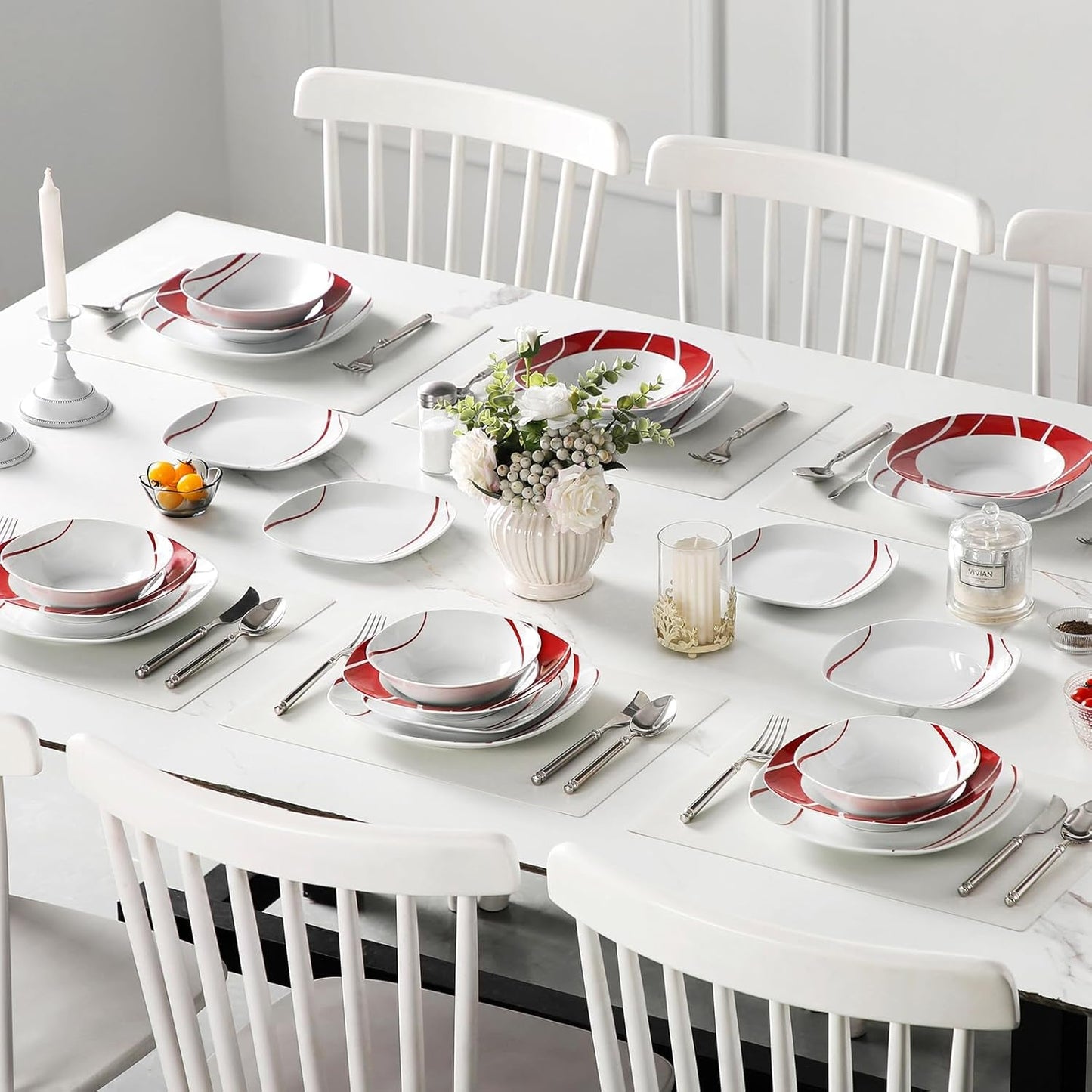 MALACASA Spisestel til 6, Felisa Porcelænsservisesæt 24 dele, Moderne Spisestel med 6 Middagstallerkener, Desserttallerkener, Suma tallerkener og skåle, Perfekt til jul og daglig brug