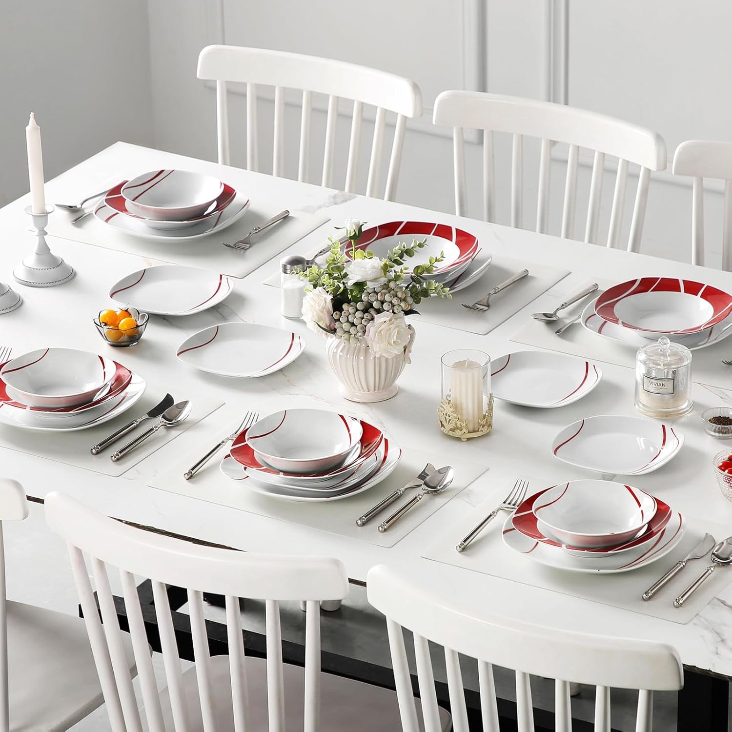 MALACASA Spisestel til 6, Felisa Porcelænsservisesæt 24 dele, Moderne Spisestel med 6 Middagstallerkener, Desserttallerkener, Suma tallerkener og skåle, Perfekt til jul og daglig brug