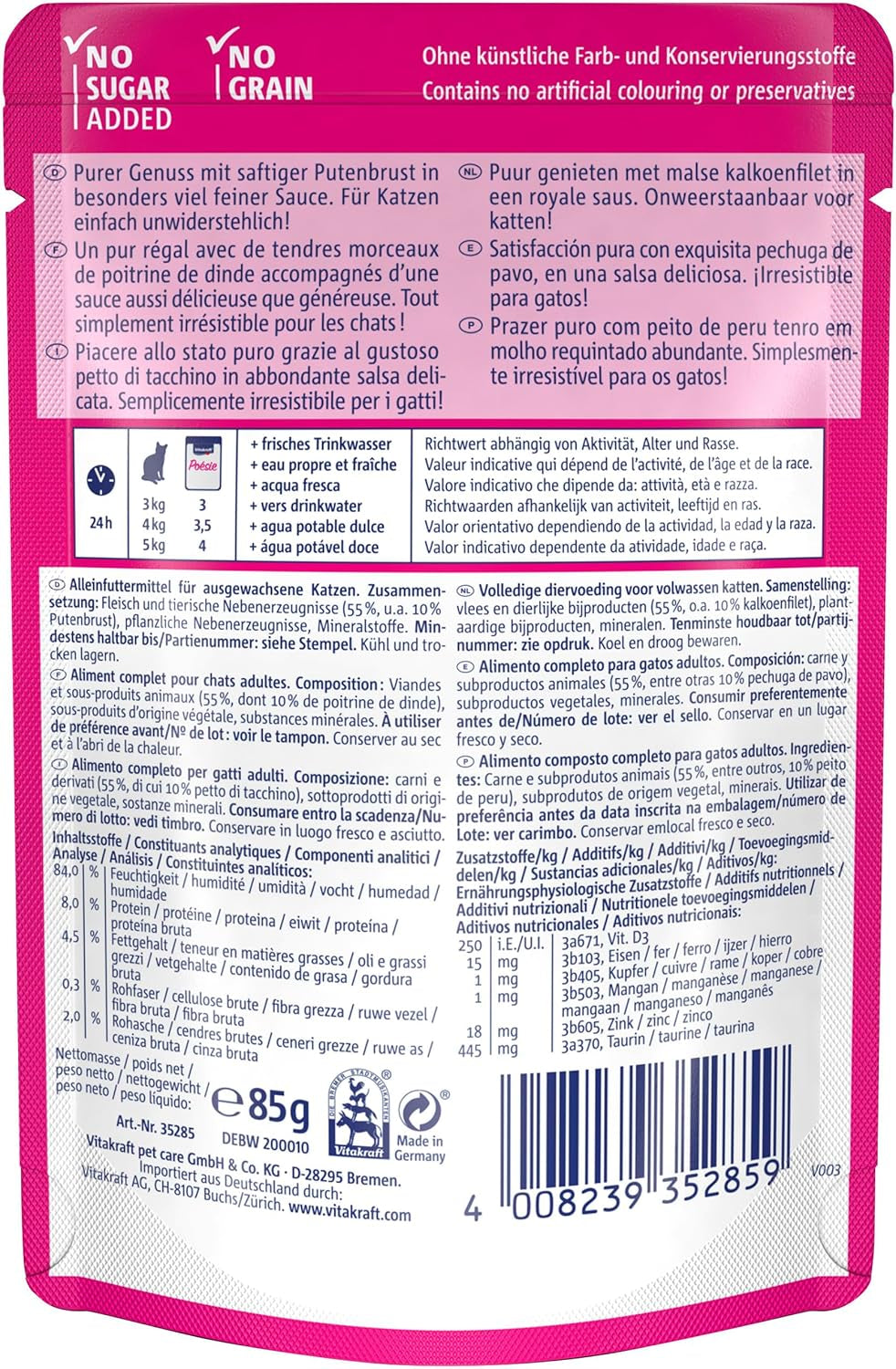 Vitakraft Poésie Délice, våd kattefoder, kattefoder i sauce, med kalkun, bulkpakning, uden tilsat sukker eller korn (23 x 85g)