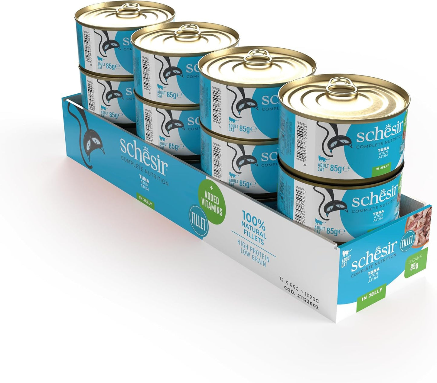 Tun i gelé, våd kattefoder, dåse, 100% naturlig, tilsat vitaminer, 12 x 85g