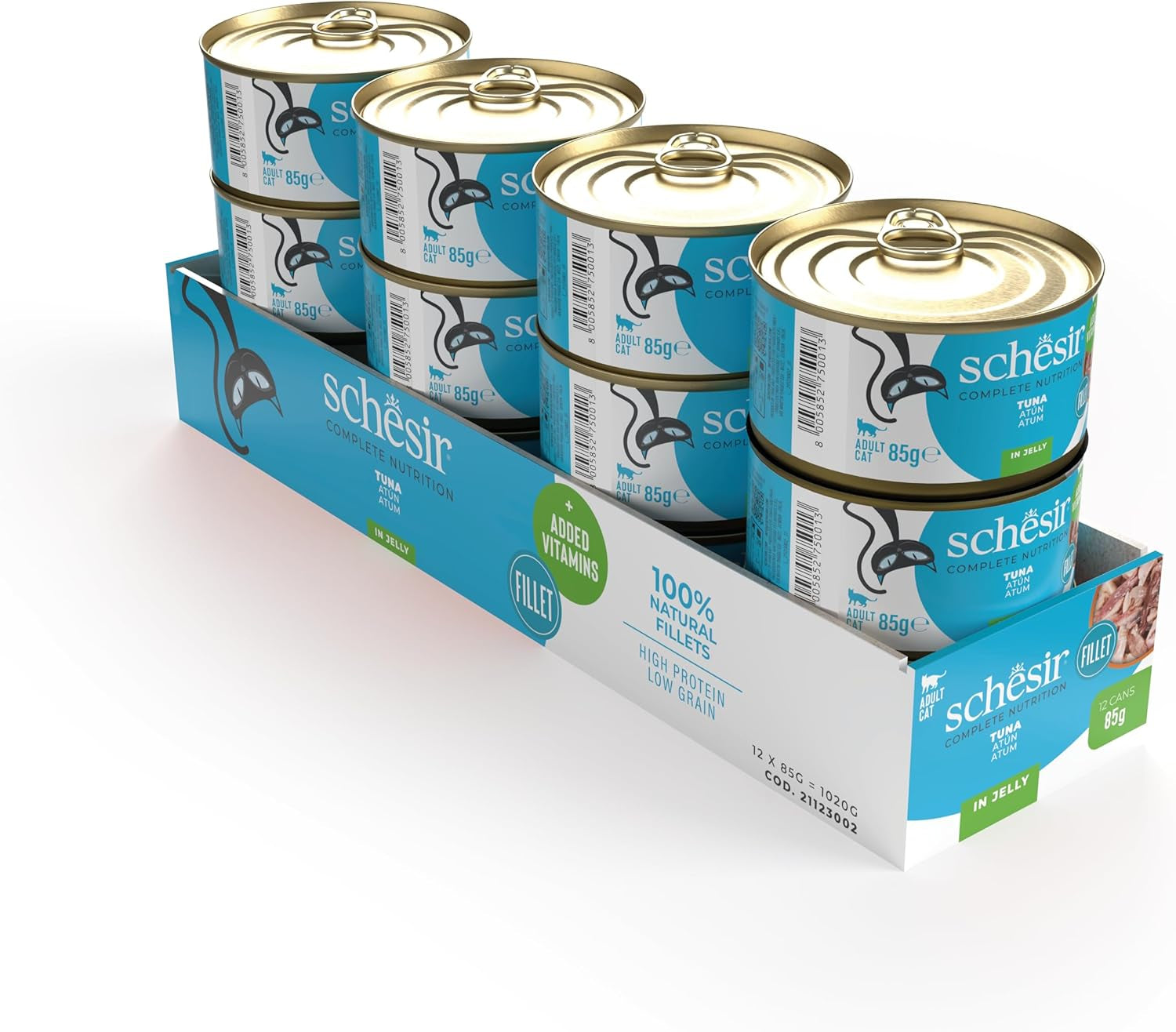 Tun i gelé, våd kattefoder, dåse, 100% naturlig, tilsat vitaminer, 12 x 85g