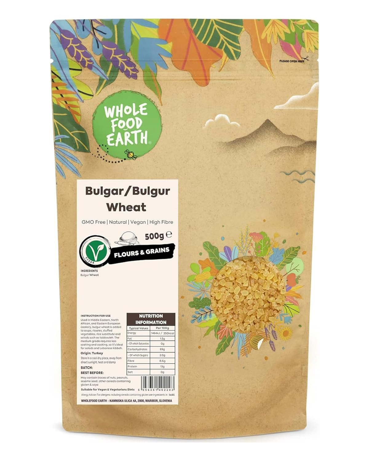 Fuldføde jordhvede bulgur - ikke-GMO - naturlig - vegansk - mælkefri - uden tilsat sukker, 500g