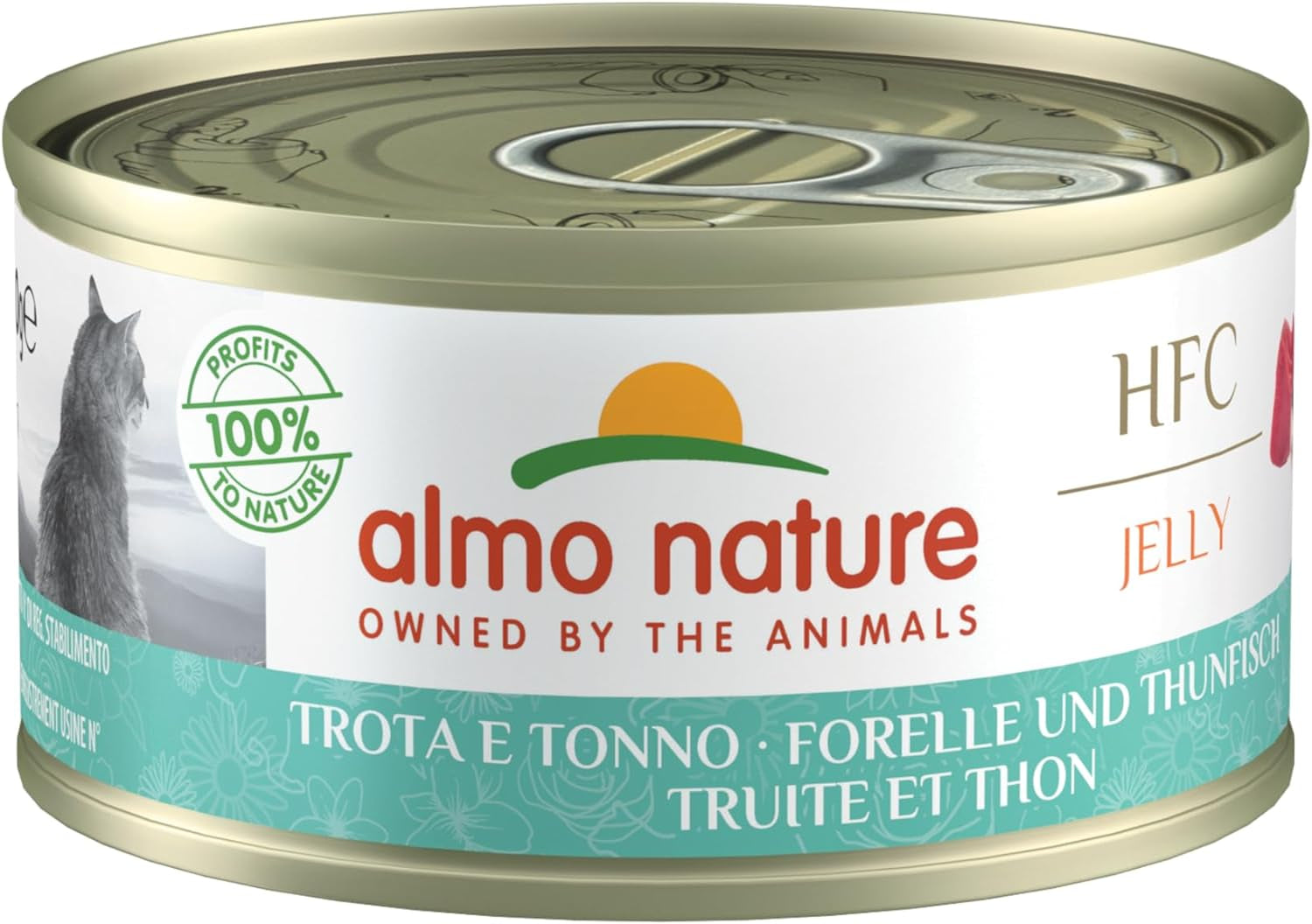 Almo Nature HFC Jelly - Vådfoder til voksne katte - Ørred og tun - Menneskelig kvalitet, glutenfri - 6 x 70g