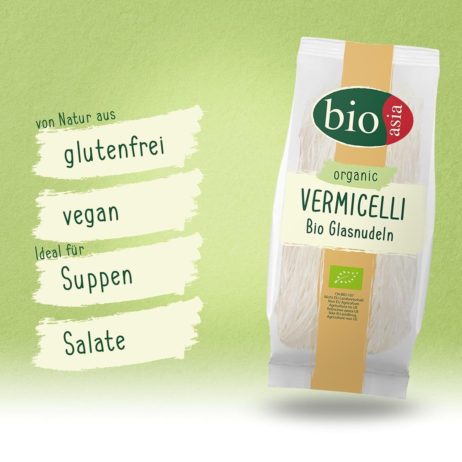 Bioasia Økologiske Glasnudler - Økologisk Ærtestivelse Lange Glasnudler - Naturlig veganske og glutenfri - 1 x 100 g