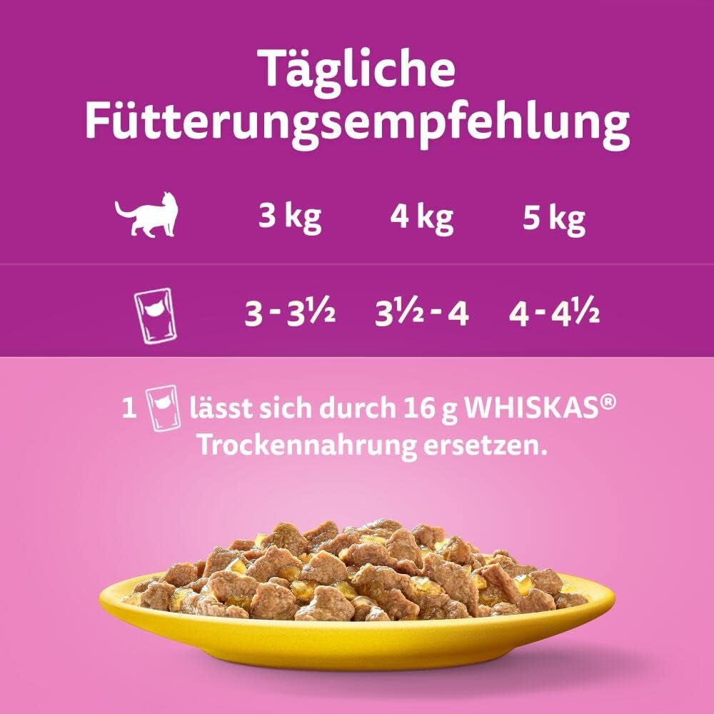 Whiskas 1+ vådfoder til katte med kylling i gelé, 28x85g (1 pakke) - Højkvalitets vådfoder til voksne katte i poser med 28 portioner