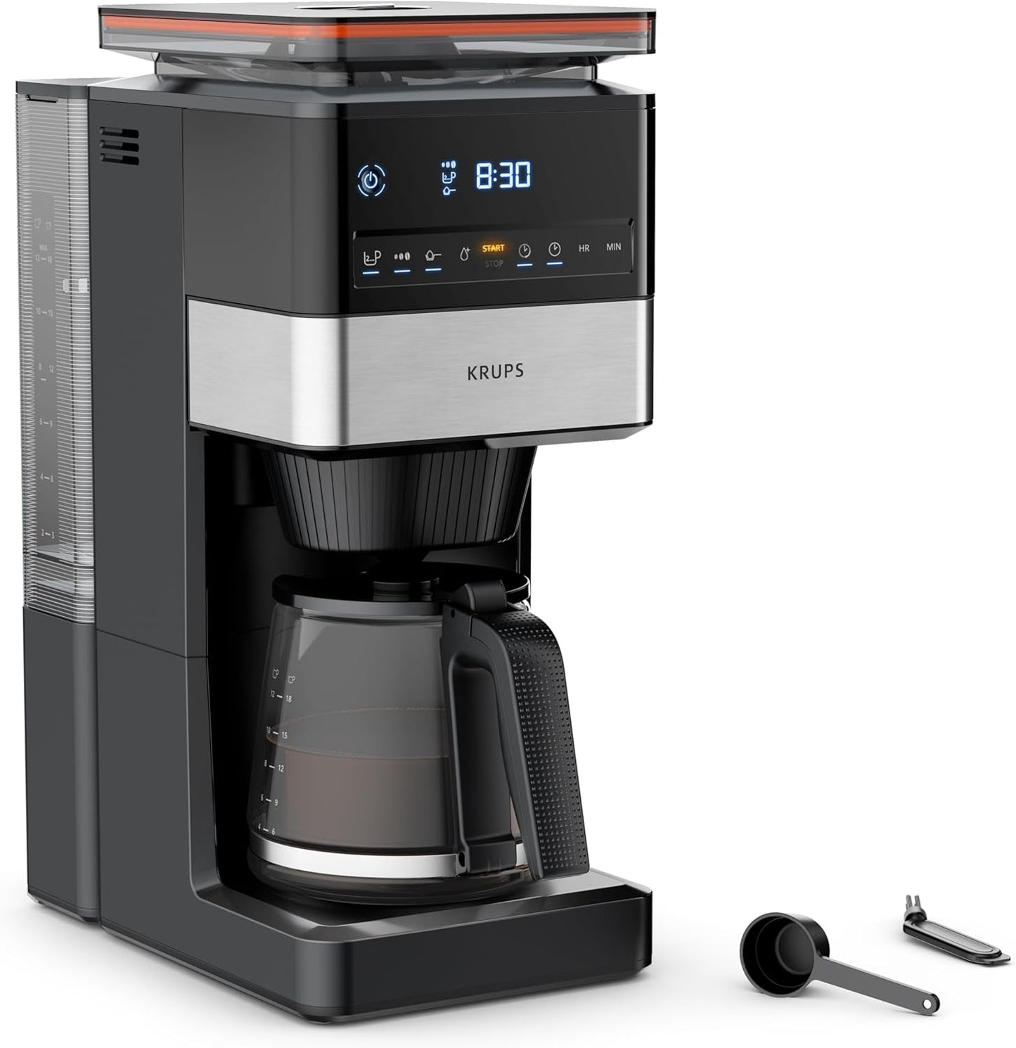 KRUPS Grind Aroma XL Espressomaskine, Aftagelig konisk kværn, Digital Kontrolpanel, XL Kapacitet (1,5 L), Hold varm funktion, Glaskaraffel, Sort/rustfrit stål, KM842810