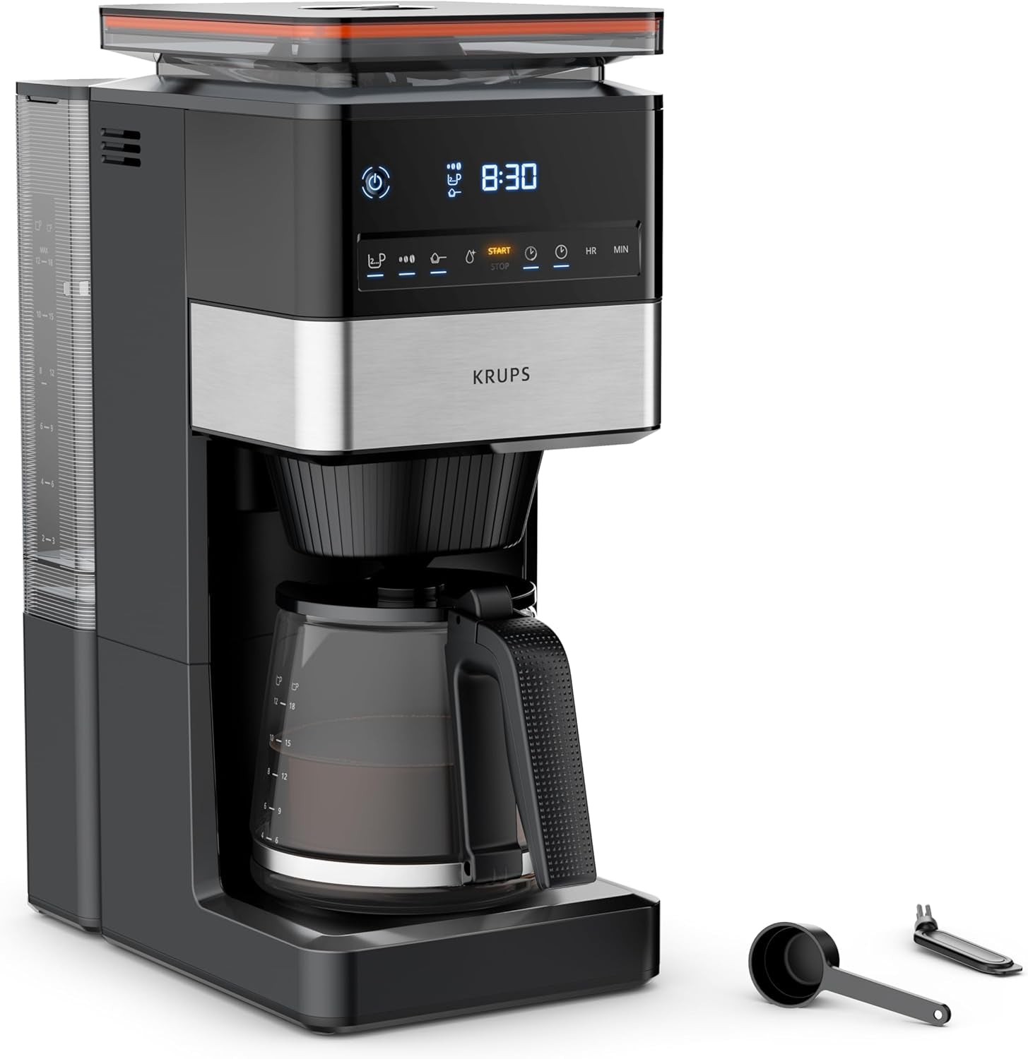 KRUPS Grind Aroma XL Espressomaskine, Aftagelig konisk kværn, Digital Kontrolpanel, XL Kapacitet (1,5 L), Hold varm funktion, Glaskaraffel, Sort/rustfrit stål, KM842810