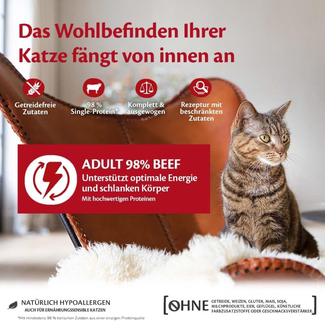 Wellness CORE 98% 12 x 85g, Oksekød - Vådfoder til katte, tyk paté, kornfri, naturlig, hypoallergen, højt proteinindhold, højt indhold af kød