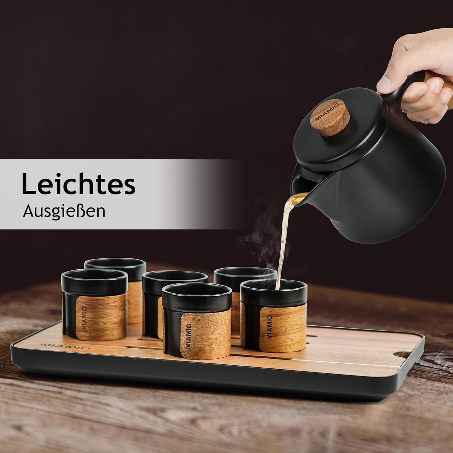MIAMIO - Japansk/kinesisk tesæt 6 x 100 ml / Asiatisk tekande 620 ml med teinfuser, traditionelt japansk tekandesæt til teelskere/mænd/kvinder (sort)