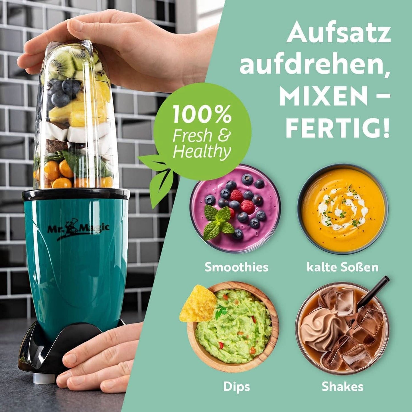 Gourmetmaxx Mr Magic Blender, Smoothie Maker med Xxl Naty Shop tilbehørspakke