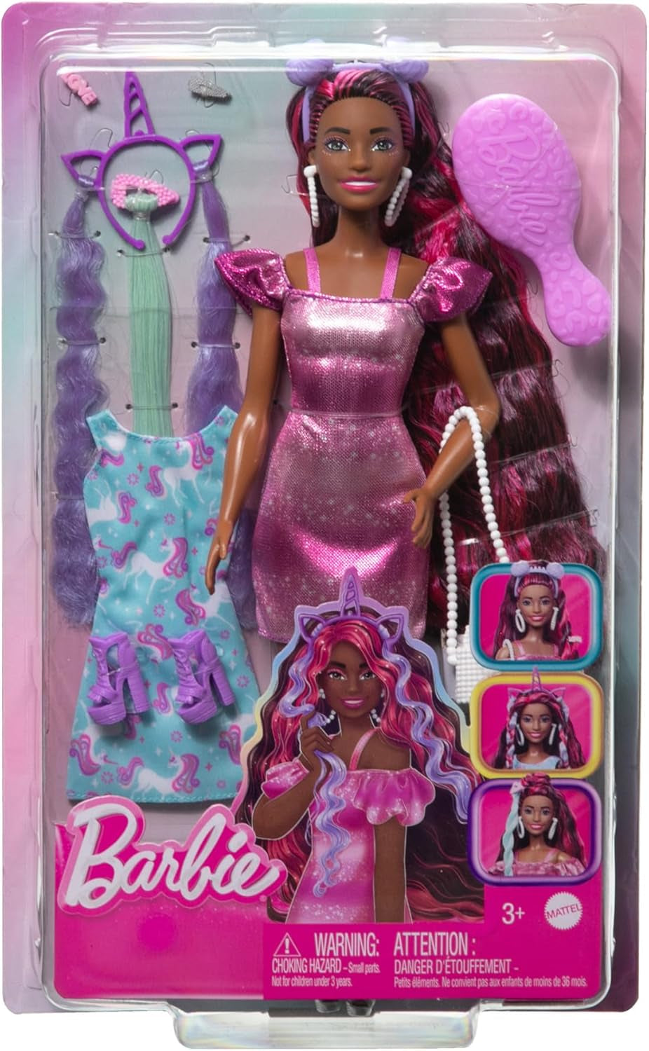 Barbie Doll Sjovt stilfuldt hår med ekstra langt farverigt sort hår og glitrende lyserød kjole 10 Frisure og modetilbehør JDC86