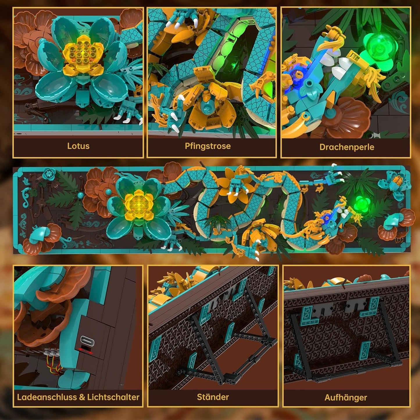 Mytisk drageflisebyggesæt til voksne, 3D Divine Loong Art byggelegetøj med LED-lys og blomster, DIY Dragon Relief Model Kit, kreative gaver og dekorationer (1676 stykker)