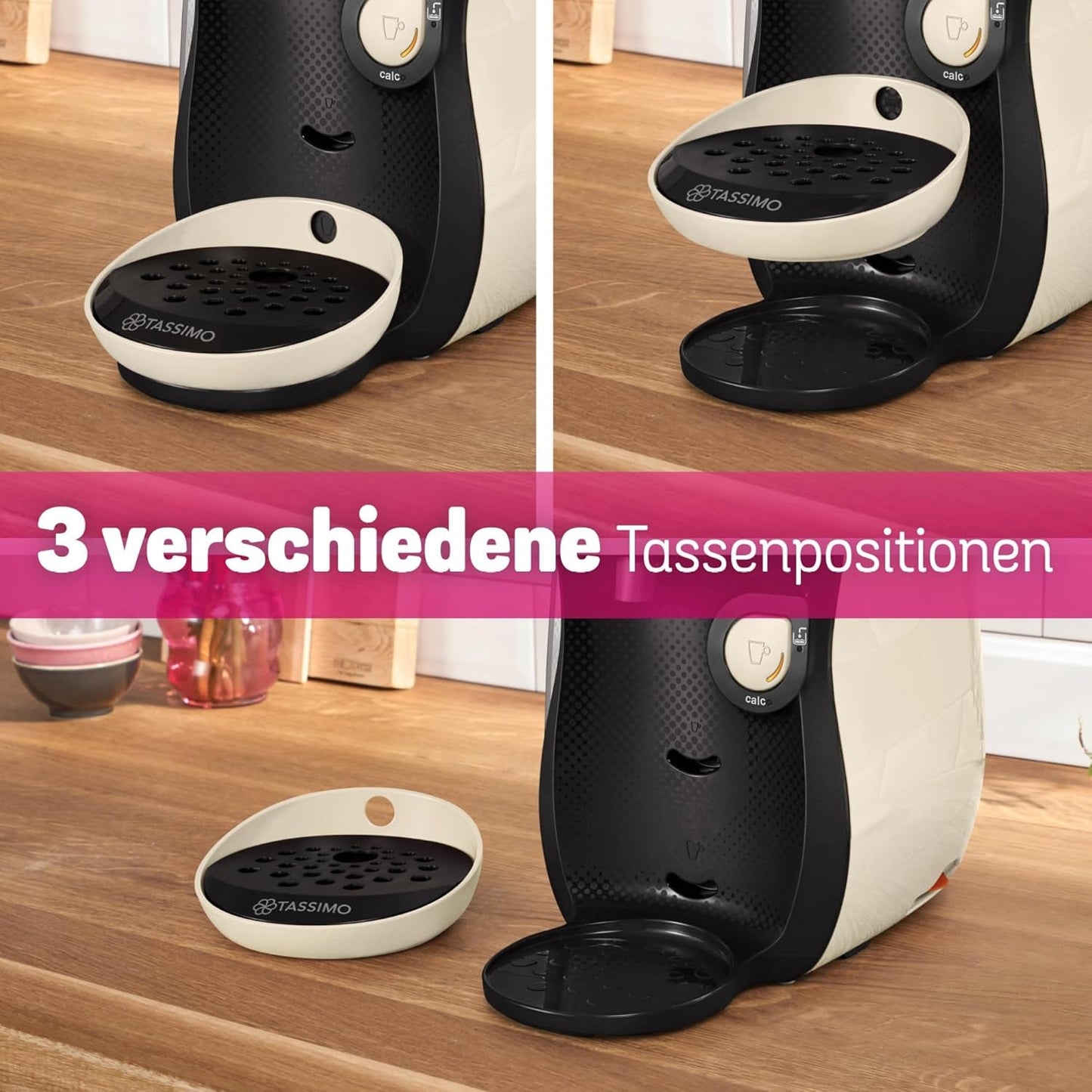 Bosch Tassimo Happy Friendly TAS107E Kapsel Espressomaskine, 70+ drikkevarer, velegnet til alle kopper, Auto-Stop, Bæredygtig, Perfekt Dosering, Pladsbesparende, 1400W, Creme/sort